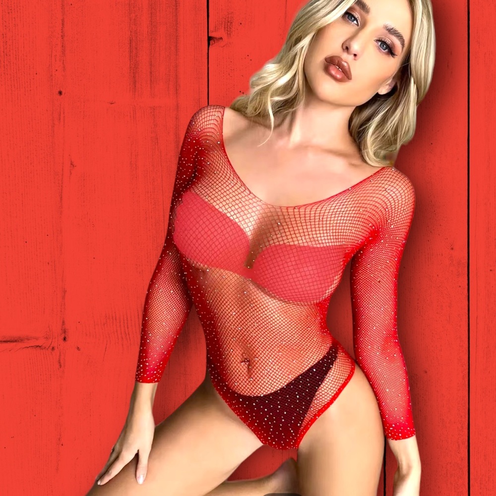 Women's Rhinestone Studded Criss Cross Long Sleeve Sexy Bodysuit Mesh Lingerie.